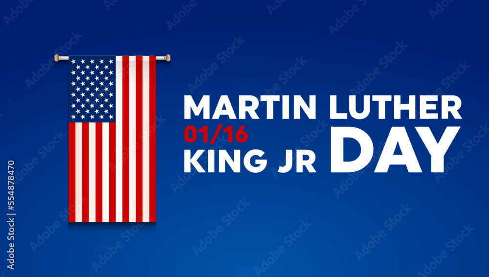Martin Luther King Jr Day greeting card - horizontal blue and red background banner with US flag. Vector Illustration.
