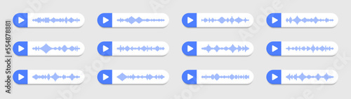 Voice messages set. Voice messages with sound wave for social media chat. Record voice message for phone correspondence. Audio record concept. Vector illustration.