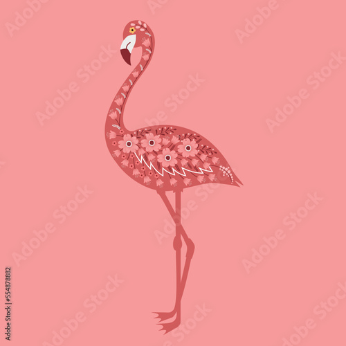 Flamingo silhouette with flowers. Vector illustration on pink background
