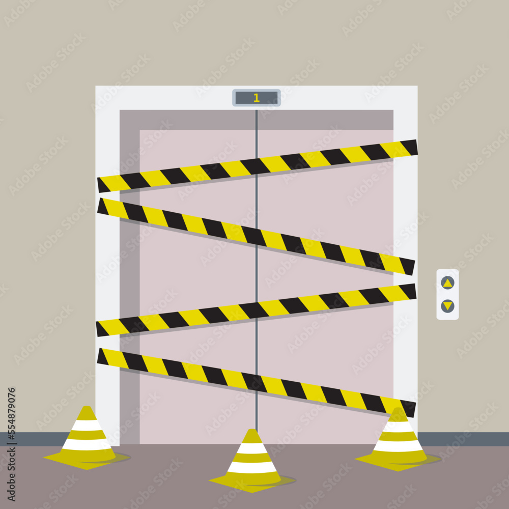 Elevator not working. Lift is peeled off with warning tapes, and there