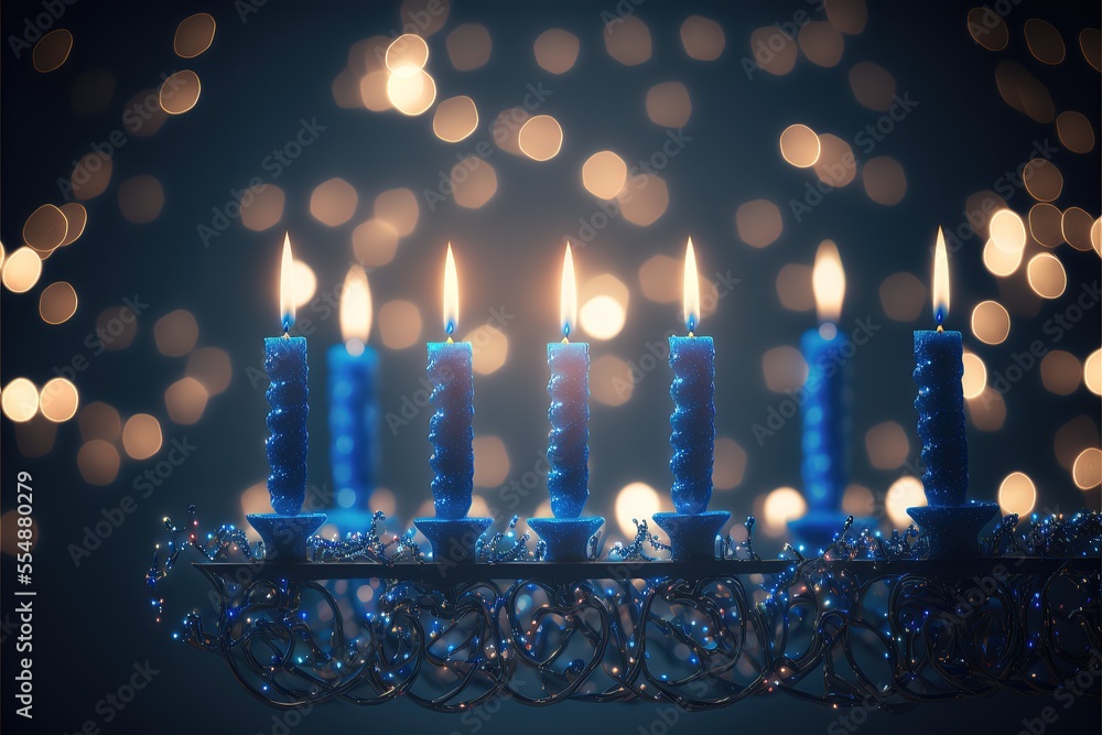 Burning blue candles on a Jewish menorah at Hanuka. Generative AI Burning blue candles on a Jewish menorah at Hanuka. Generative AI