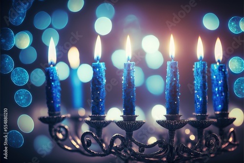 Burning blue candles on a Jewish menorah at Hanuka. Generative AI