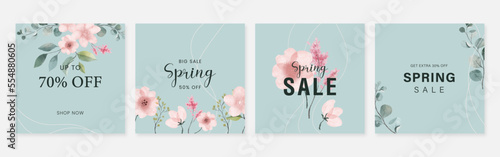 Spring sale banners with floral elements for social media posts, shopping ads, marketing material. Beauty, cosmetics, wedding concept.