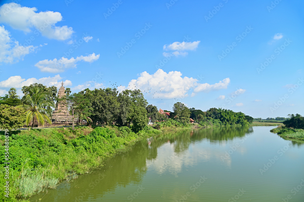 View of Yom River and Wat Phra Si Rattana Mahathat in Si Satchanalai, Sukhothai