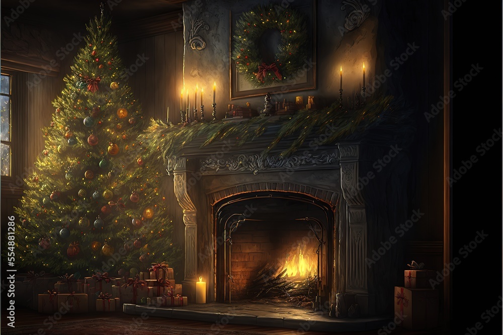 Christmas fireplace, tree, decorations, lights, mantel, hearth. Generative AI Christmas fireplace, tree, decorations, lights, mantel, hearth. Generative AI