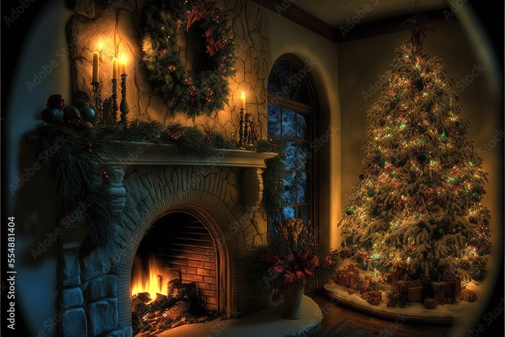 Christmas fireplace, tree, decorations, lights, mantel, hearth. Generative AI