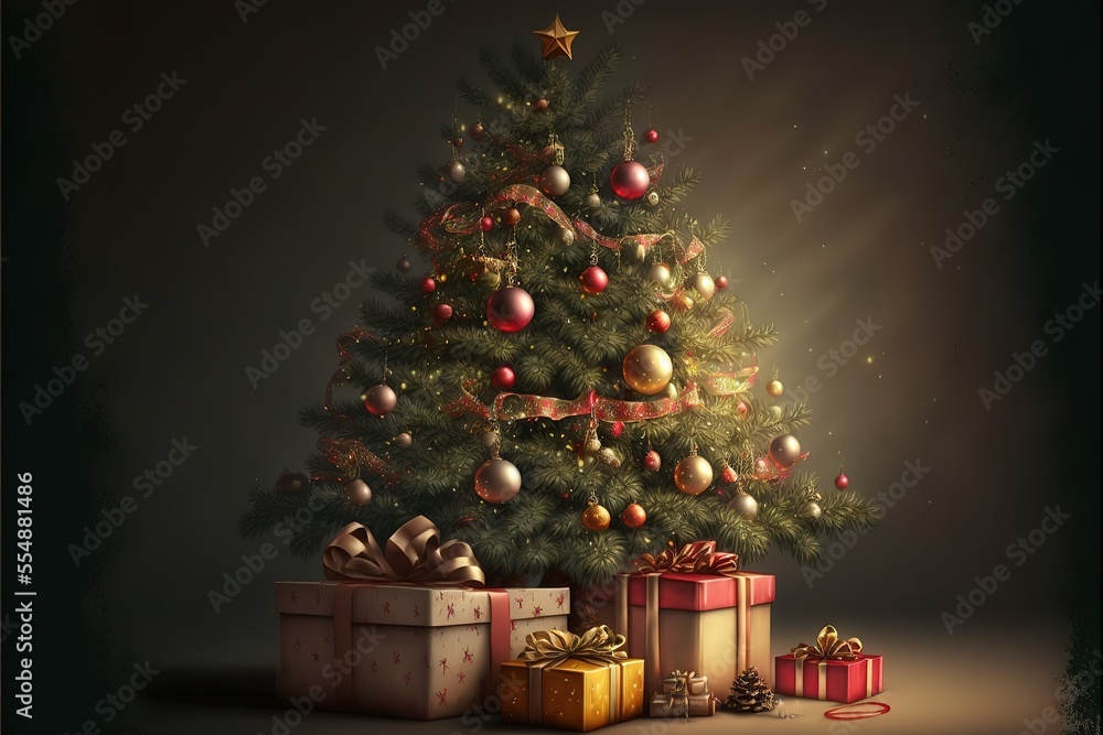 Christmas Tree With Decorations And Present. Generative AI