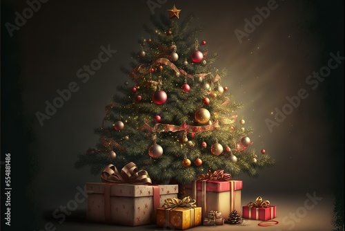 Christmas Tree With Decorations And Present. Generative AI