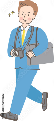 取材に行くスーツを着た若い男性のイラスト素材
