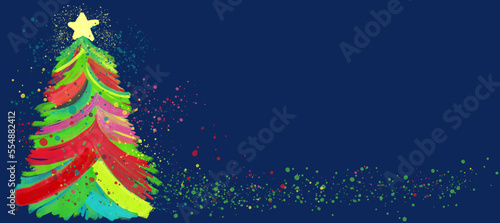 Bunter abstrakter Weihnachtsbaum sieht aus wie ein Ölbild auf Leinwand Struktur. Spritzer und Kleckse. Vektor vor blauem Hintergrund. 