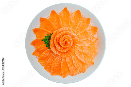 Top view of salmon sashimi serve on flower shape in white ice bowl boat isolated on white background