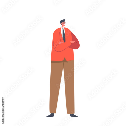 Single Male Character Wear Red Blazer and Trousers Stand with Crossed Arms. Positive Fashioned Business Man