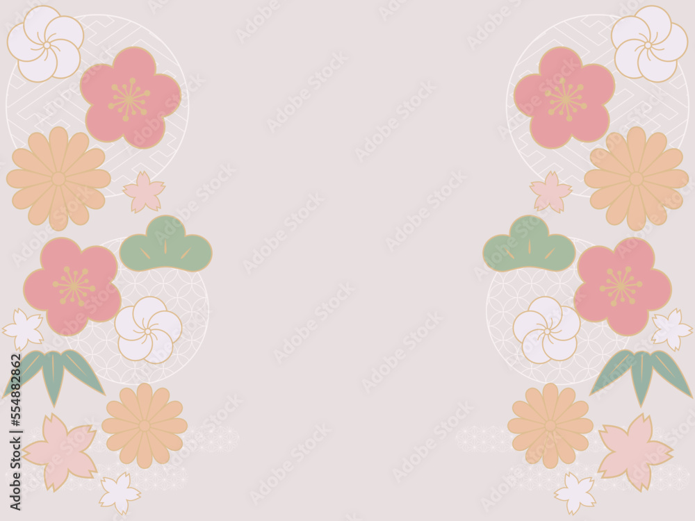 花と伝統柄の和風背景テンプレート　グレー