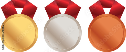 gold, silver and bronze medals with red ribbons