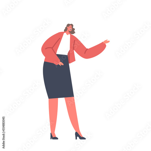 Mature Female Character Wear Red Jacket and Skirt Gesturing with Arms, Solve Issues, Explain Something, Businesswoman