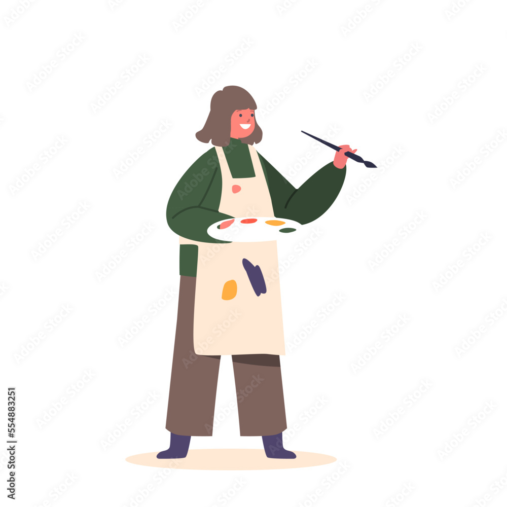 Little Girl In Apron Painting With Paints And Paintbrush. Child Character Draw In Artist Studio Or Art School Workshop Little Girl In Apron Painting With Paints And Paintbrush. Child Character Draw In Artist Studio Or Art School Workshop