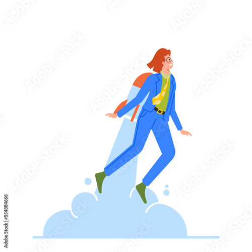 Work Success, Startup Boost. Happy Business Woman Manager Fly on Jetpack to Goal Achievement Cartoon Vector Illustration