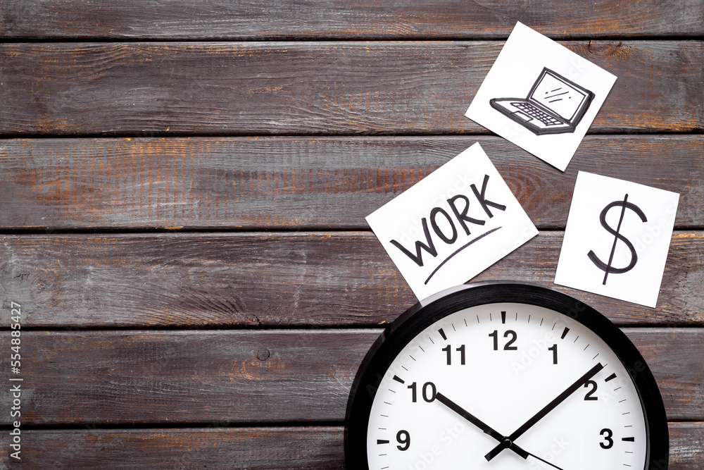 Wall clock and office work signs and icons. Time to work. Wall clock and office work signs and icons. Time to work.