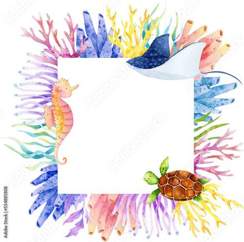 Watercolor sea corals and shells wreath. Underwater  graphics with whale, dolphin and turtle. Marine fish hand-drawn, sea animal. Ocean children girl illustration. Baby shower mermaid clip art