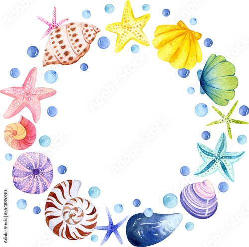 Watercolor sea corals and shells wreath. Underwater  graphics. Marine fish hand-drawn, sea animal. Ocean children girl illustration. Baby shower mermaid clip art