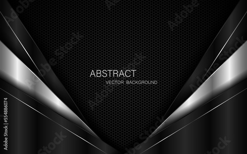 Abstract black and silver polygons on dark steel mesh background. with free space for design. modern technology innovation concept background
