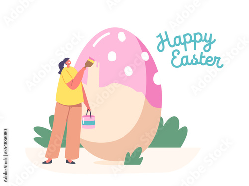 Happy Woman Prepare for Easter Spring Holiday Celebration. Tiny Female Character Decorate and Painting Huge Easter Egg