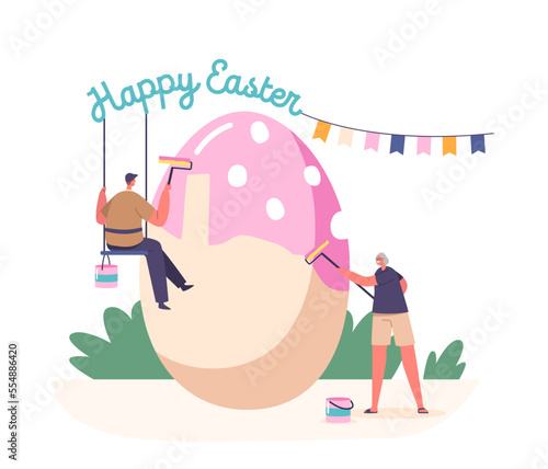 Man and Woman Painting Eggs for Easter Holiday Celebration. Tiny Adult Male and Female Characters Spend Time Together