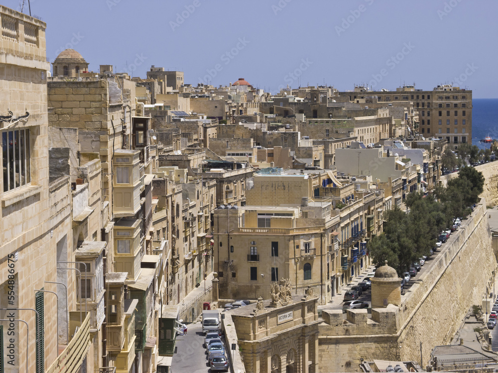 Old town in Valletta, Malta with a bird's eye view of historical Victoria gate
