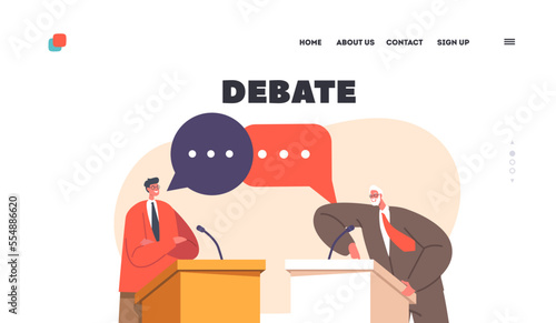 Debates Landing Page Template. Dialogue Between Men Behind The Podium. Political Election, Voting Speech