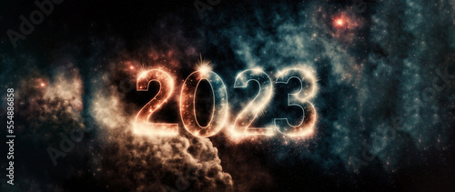 2023 New Year fireworks BANNER VERSION - The fireworks form the number 2023 symbolising the turn of the year from 2022-2023