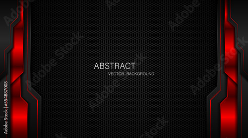 Abstract black and red polygon with red glow lines on dark steel mesh background with free space for design. modern technology innovation concept background
