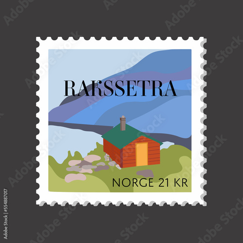 Lofoten islands Norway landscape postage stamp. Modern house in mountains in nordic country raster illustration photo