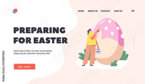 Happy Woman Preparing for Easter Landing Page Template. Spring Holiday Celebration. Tiny Female Character Decorate Egg