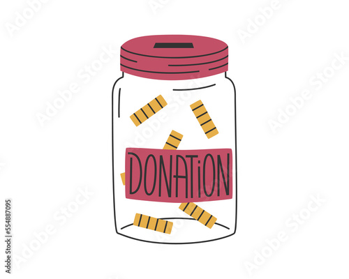 Hand drawn cute illustration of jar of coins. Flat vector donation bank in simple colored doodle style. Charity, philanthropy, volunteer sticker, icon or print. Isolated on white background.