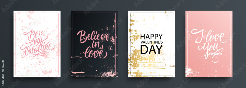 Valentines Day romantic cards set. February 14, Happy Valentine's Day holiday lettering greetings with grunge textures collection. Vector Illustration. Valentines Day romantic cards set. February 14, Happy Valentine's Day holiday lettering greetings with grunge textures collection. Vector Illustration.