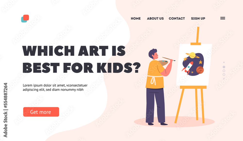 Art School Workshop for Kids Landing Page Template. Child Painting Space and Rocket On Easel. Little Boy Character Draw Art School Workshop for Kids Landing Page Template. Child Painting Space and Rocket On Easel. Little Boy Character Draw