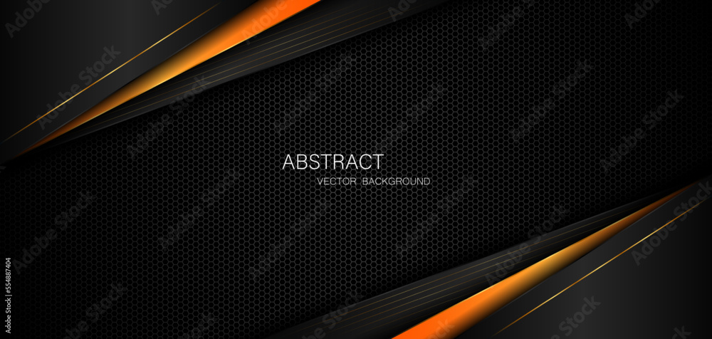 Dark steel mesh abstract background with black and orange polygon shapes, free space for design. modern technology innovation concept background
