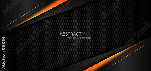 Dark steel mesh abstract background with black and orange polygon shapes, free space for design. modern technology innovation concept background
