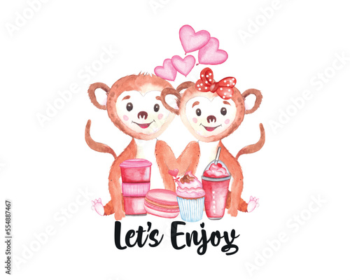 Watercolor Valentine   s Day cute couple monkey clipart  valentine animal illustration for t-shirts  greetings and others