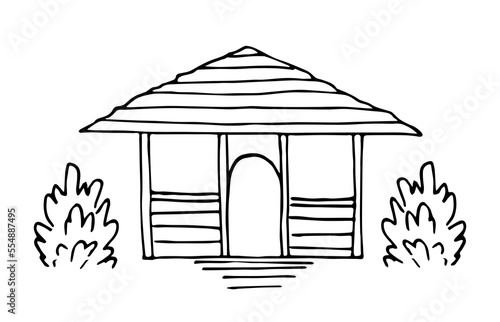 Simple black outline vector drawing. Summer gazebo in the garden, tea house, bushes. Ink sketch.