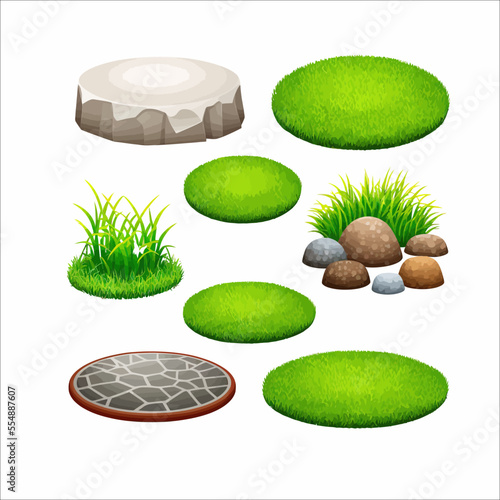 Land pieces with green grass realistic. Isolated on background. Cartoon flat vector illustration