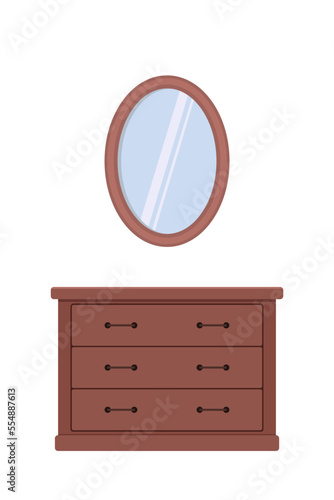 Mahogany chest of drawers and mirror on white background. Home interior concept. Cartoon flat style. Vector illustration