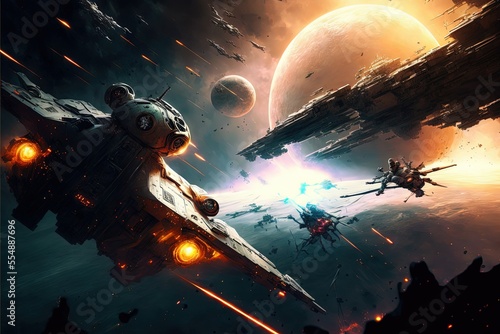 Sci-fi scene of space ships in battle,, battlecruisers and fight ships epic batt Fototapeta