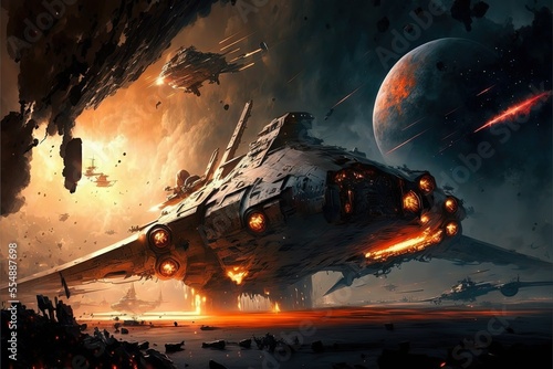 Fotografering Sci-fi scene of space ships in battle,, battlecruisers and fight ships epic batt