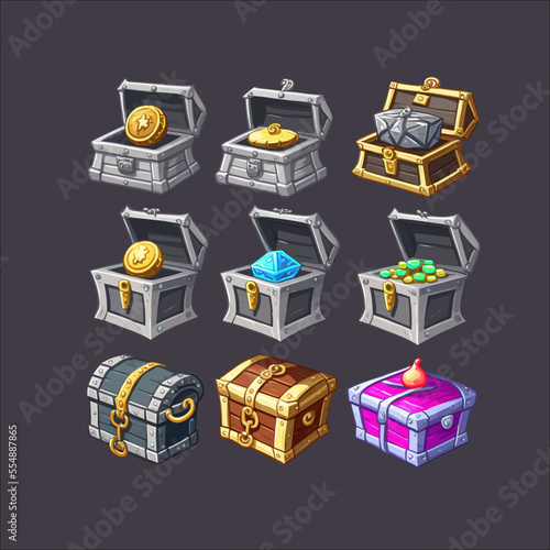 Treasure chests, game trunks, wooden boxes Isolated on background. Cartoon flat vector illustration