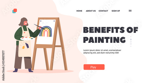 Artist Studio for Kids Landing Page Template. Little Girl Painting Rainbow with Paints on Easel. Child Character Drawing