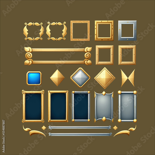 Rank frames, Ui gui game borders evolution wooden Isolated on background. Cartoon flat vector illustration