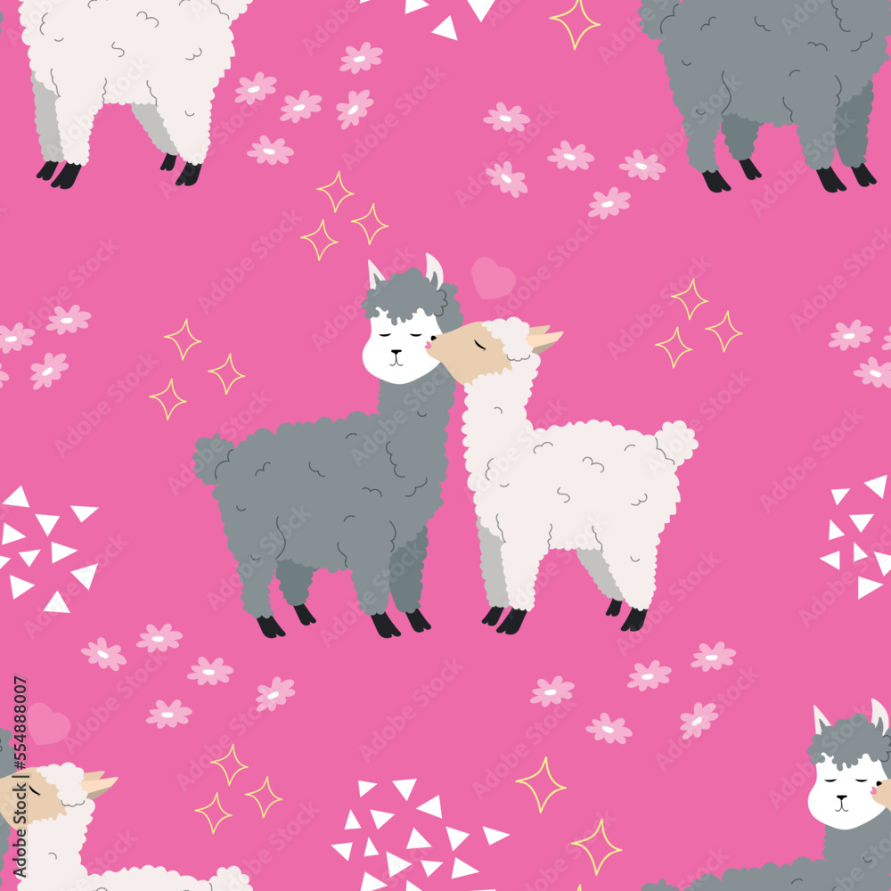 Obraz premium Valentines seamless pattern with alpacas. Cute Valentines day background, wallpaper, wrapping. Vector invitation. 