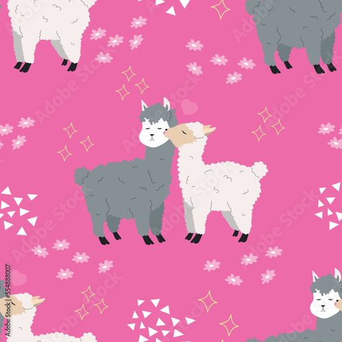 Valentines seamless pattern with alpacas. Cute Valentines day background  wallpaper  wrapping. Vector invitation. 