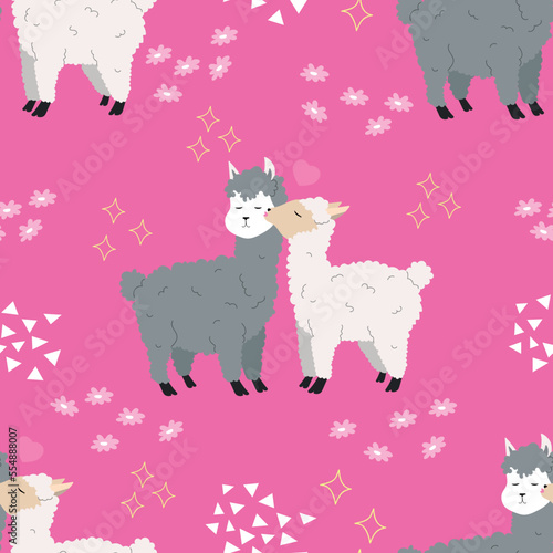 Valentines seamless pattern with alpacas. Cute Valentines day background, wallpaper, wrapping. Vector invitation. 